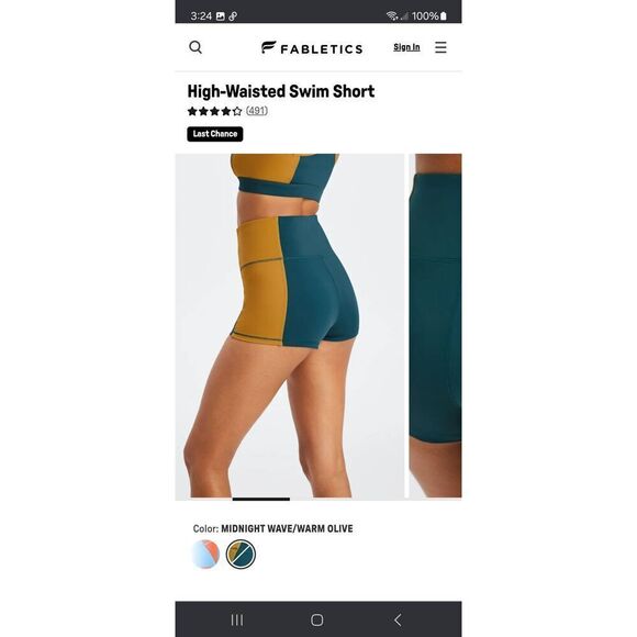 New Small Fabletics Midnight Wave Warm Olive Gabriella High Waist Swim Shorts - Picture 2 of 8